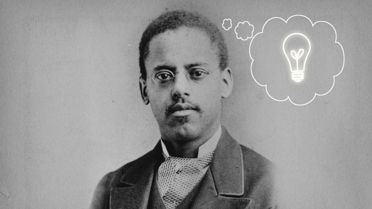 A photo of Lewis Latimer with an added drawn graphic of a lightbulb.